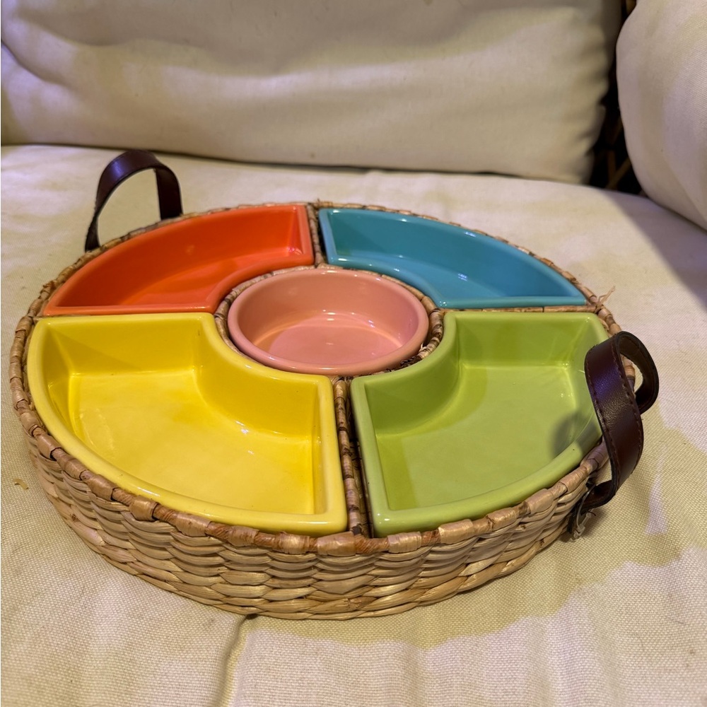 Multicolor Ceramic Serving Tray with Wicker Base